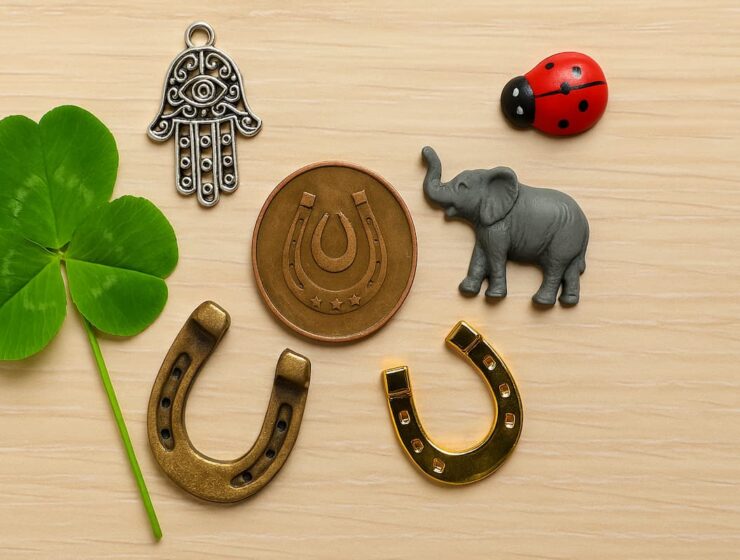 15 amuletos de la buena suerte para tener y regalar en 2026 2 Amuletos de la buena suerte sobre una mesa: trébol de cuatro hojas, mano de Fátima, herraduras, moneda, elefante y mariquita