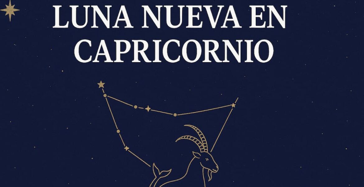Ilustración de la Luna Nueva en Capricornio con constelación y símbolo del signo.