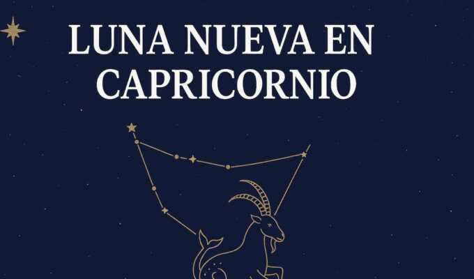 Ilustración de la Luna Nueva en Capricornio con constelación y símbolo del signo.
