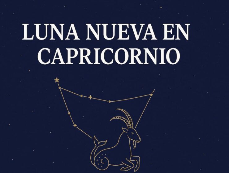 Ilustración de la Luna Nueva en Capricornio con constelación y símbolo del signo.