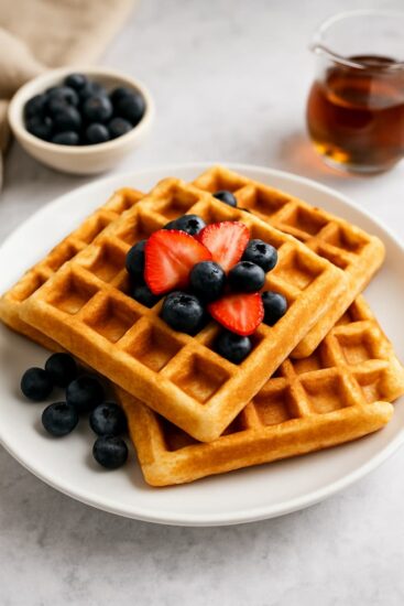 Waffles caseros servidos con frutas frescas. Plato de waffles dorados con frutillas y arándanos frescos, ideal para desayuno o brunch.