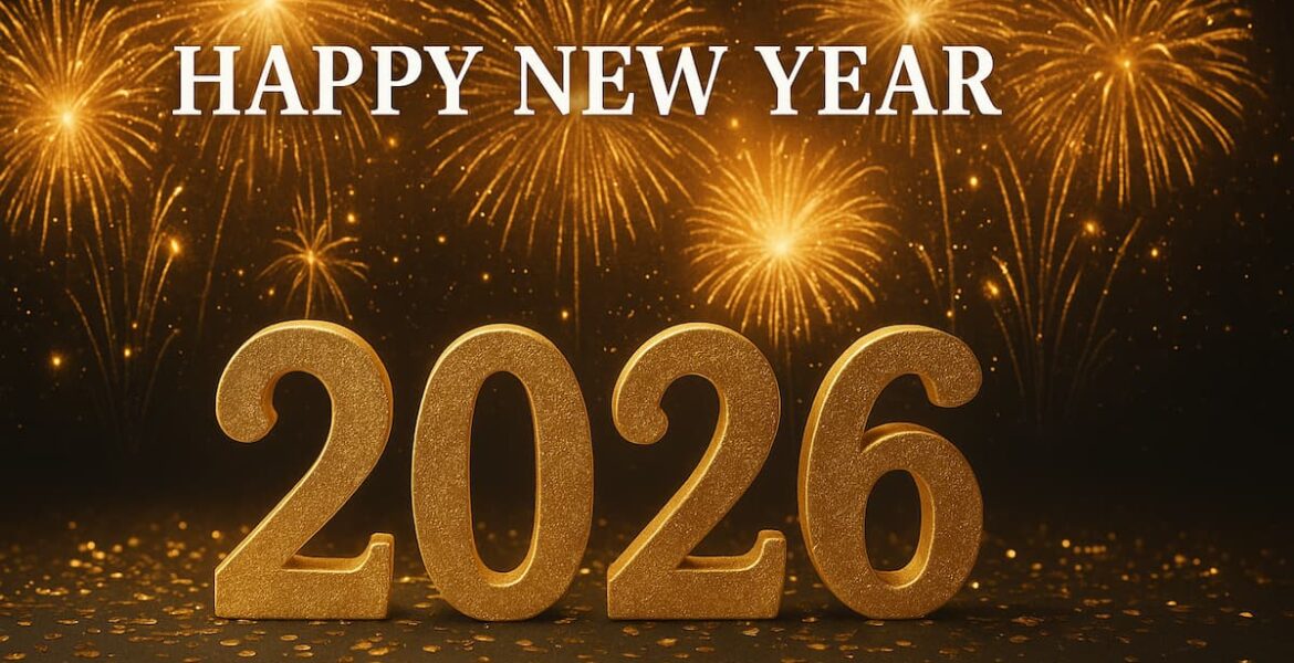 Celebración de Año Nuevo 2026 con copas de champagne y fuegos artificiales.