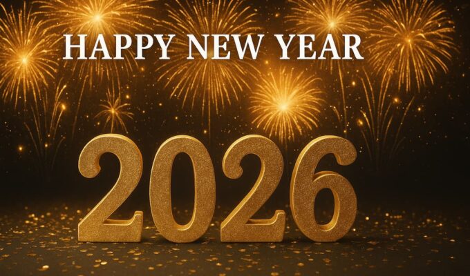 Celebración de Año Nuevo 2026 con copas de champagne y fuegos artificiales.