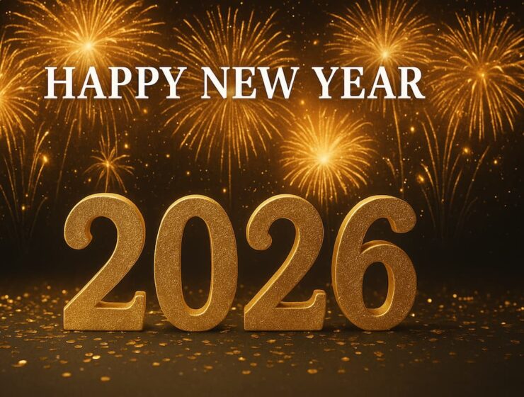 Celebración de Año Nuevo 2026 con copas de champagne y fuegos artificiales.