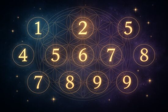 Ilustración mística con los números del 1 al 9 rodeados de geometría sagrada y estrellas.