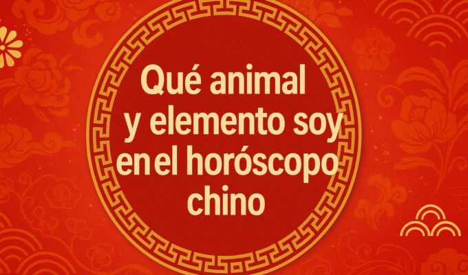 Imagen con fondo rojo y dorado que muestra el texto “Qué animal y elemento soy en el horóscopo chino”, con decoración oriental y símbolos de los doce animales del zodiaco.