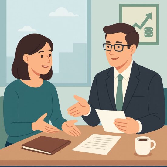 Empleado hispano negociando un aumento de sueldo con su jefe en una oficina moderna.