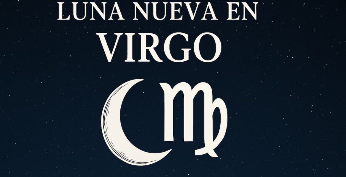 Luna Nueva en Virgo con símbolo zodiacal sobre un cielo nocturno estrellado.