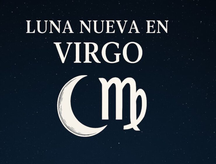 Luna Nueva en Virgo con símbolo zodiacal sobre un cielo nocturno estrellado.