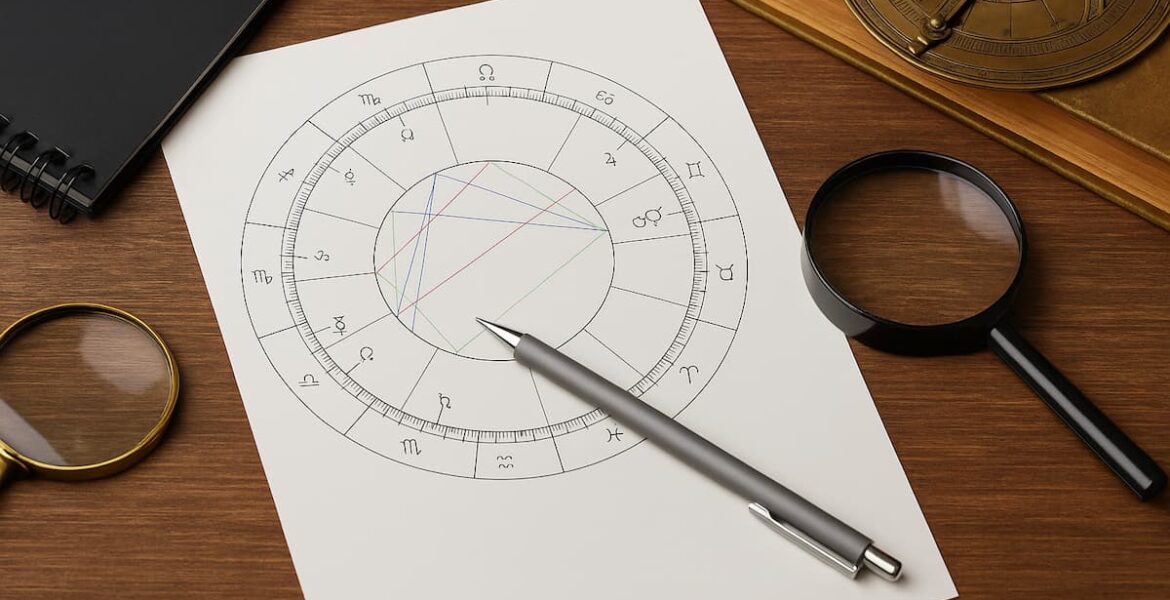 Carta astral impresa sobre un escritorio de madera, acompañada de lupa, cuaderno y bolígrafo.
