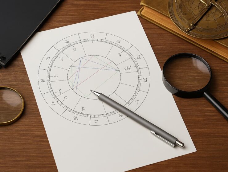 Carta astral impresa sobre un escritorio de madera, acompañada de lupa, cuaderno y bolígrafo.