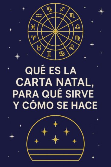 Diseño vertical con rueda zodiacal dorada y título sobre qué es y para qué sirve la carta natal.