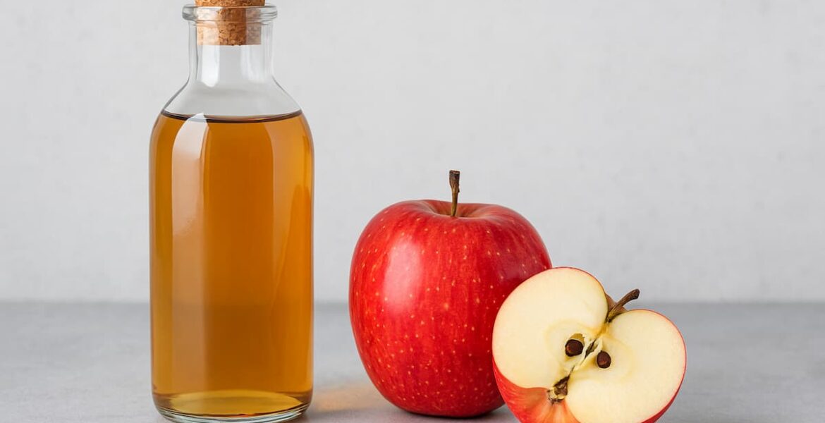 Botella de vidrio con vinagre de manzana y manzanas frescas sobre una mesa de madera.