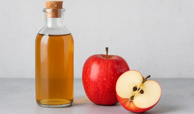 Botella de vidrio con vinagre de manzana y manzanas frescas sobre una mesa de madera.