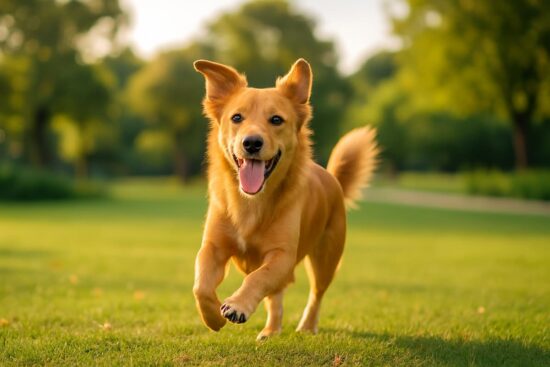 Perro mestizo de tamaño mediano corriendo alegremente en un parque verde.