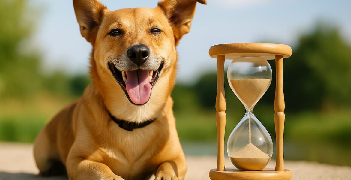 Perro mestizo de tamaño mediano sonriente junto a un reloj de arena en un entorno natural.