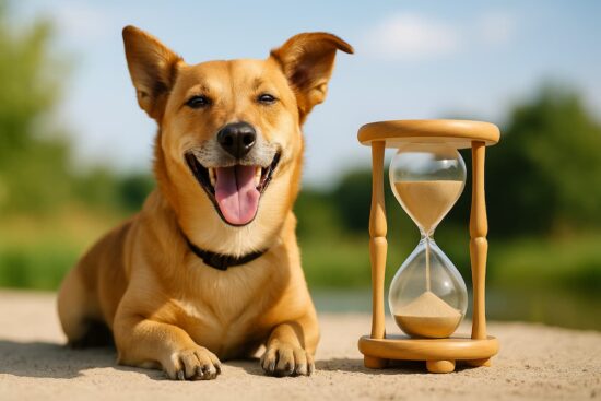 Perro mestizo de tamaño mediano sonriente junto a un reloj de arena en un entorno natural.