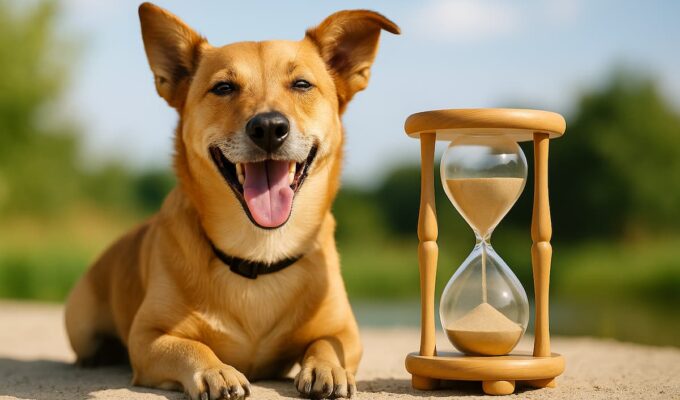 Perro mestizo de tamaño mediano sonriente junto a un reloj de arena en un entorno natural.