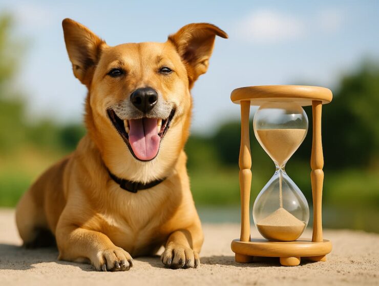 Perro mestizo de tamaño mediano sonriente junto a un reloj de arena en un entorno natural.