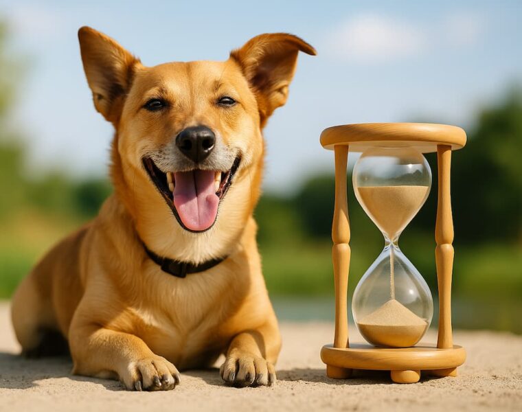 Perro mestizo de tamaño mediano sonriente junto a un reloj de arena en un entorno natural.