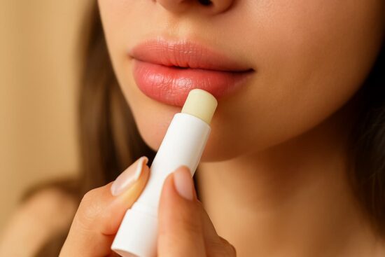 Labios hidratados aplicando bálsamo labial natural