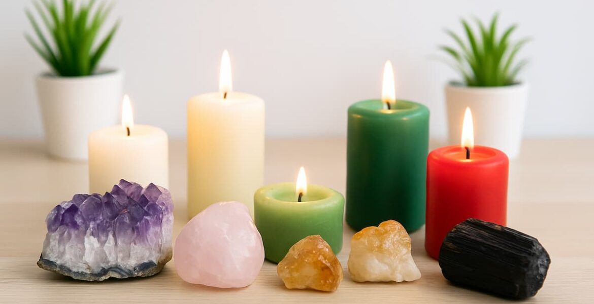 Cristales de amatista, cuarzo rosa, citrino y turmalina negra frente a velas encendidas de colores blanco, verde y rojo sobre mesa de madera clara.