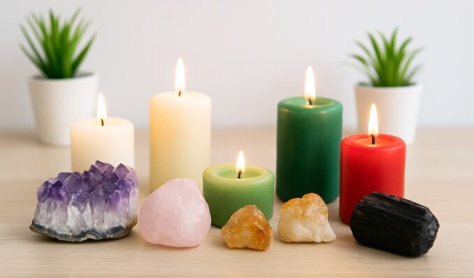 Cristales de amatista, cuarzo rosa, citrino y turmalina negra frente a velas encendidas de colores blanco, verde y rojo sobre mesa de madera clara.