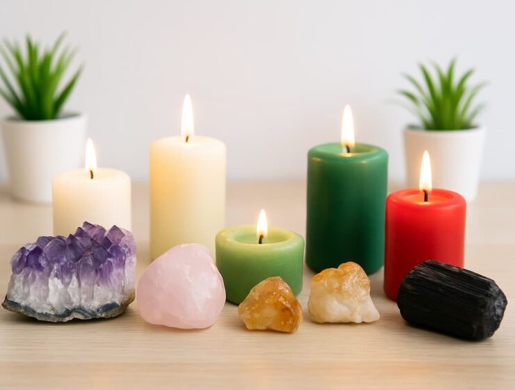 Cómo usar cristales y velas para atraer energía positiva en casa 4 Cristales de amatista, cuarzo rosa, citrino y turmalina negra frente a velas encendidas de colores blanco, verde y rojo sobre mesa de madera clara.