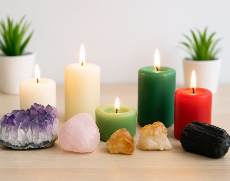 Cristales de amatista, cuarzo rosa, citrino y turmalina negra frente a velas encendidas de colores blanco, verde y rojo sobre mesa de madera clara.
