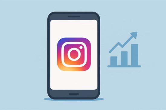 Funciones nuevas en Instagram Imagen de un movil con apps de Instagram y un símbolo de métricas