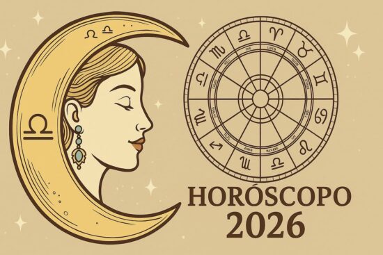 Ilustración astrológica de mujer en la luna con rueda zodiacal y texto “Horóscopo 2026”.