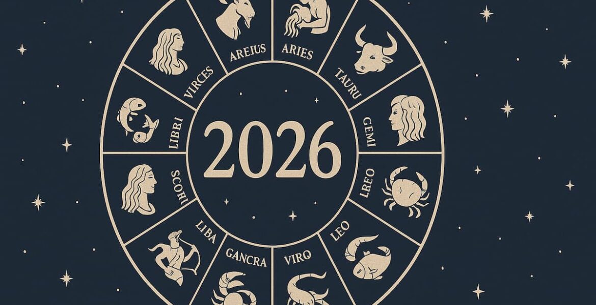 Horóscopo 2026 con rueda zodiacal completa y los 12 signos del zodiaco sobre un fondo estrellado.