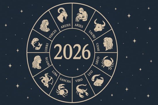 Horóscopo 2026 con rueda zodiacal completa y los 12 signos del zodiaco sobre un fondo estrellado.