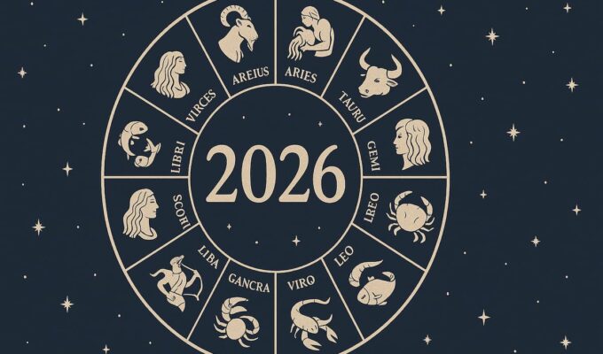 Horóscopo 2026 con rueda zodiacal completa y los 12 signos del zodiaco sobre un fondo estrellado.