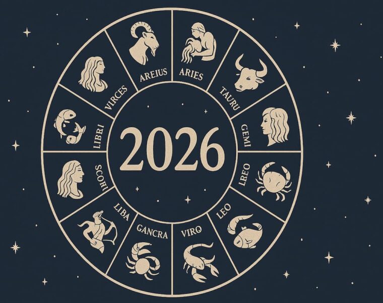 Horóscopo 2026 con rueda zodiacal completa y los 12 signos del zodiaco sobre un fondo estrellado.