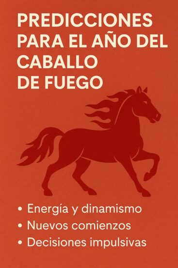 Ilustración del Caballo de Fuego, símbolo del horóscopo chino 2026, con texto que anuncia las predicciones del año.