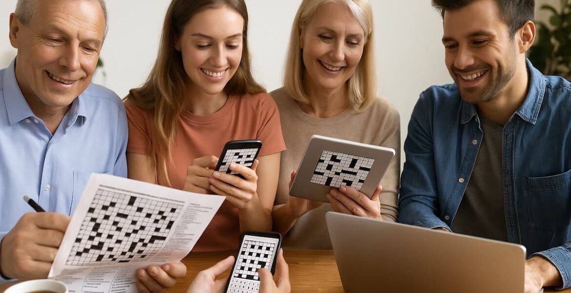 Personas de distintas edades resolviendo crucigramas en línea en laptop, tablet y móvil
