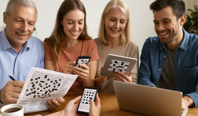 Personas de distintas edades resolviendo crucigramas en línea en laptop, tablet y móvil