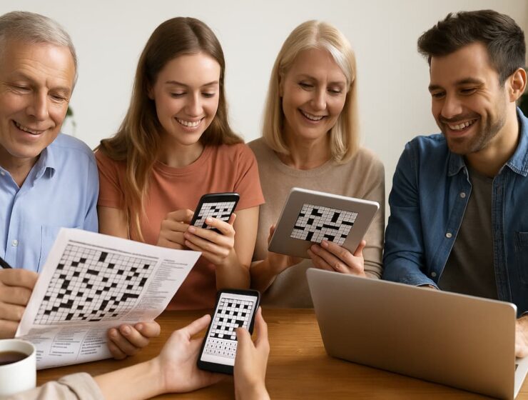 Los mejores sitios y apps para hacer crucigramas en línea 1 Personas de distintas edades resolviendo crucigramas en línea en laptop, tablet y móvil