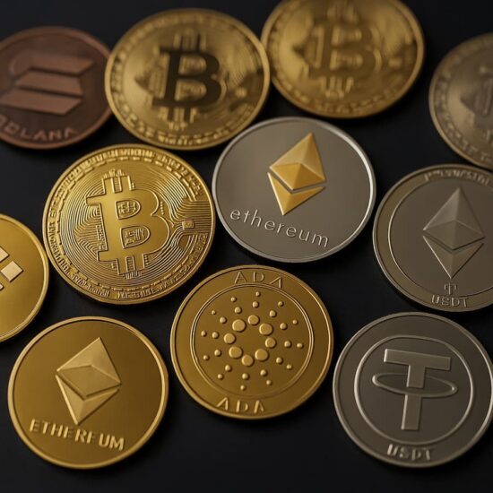 Criptomonedas como Bitcoin, Ethereum, Solana y Binance Coin flotando sobre fondo tecnológico.