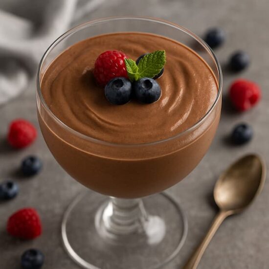 Copa de mousse de chocolate casera con decoración de frutos rojos y hojita de menta