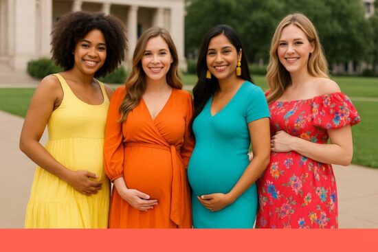 Cuatro mujeres embarazadas posan al aire libre con vestidos coloridos, mostrando distintos estilos de moda premamá para 2026.