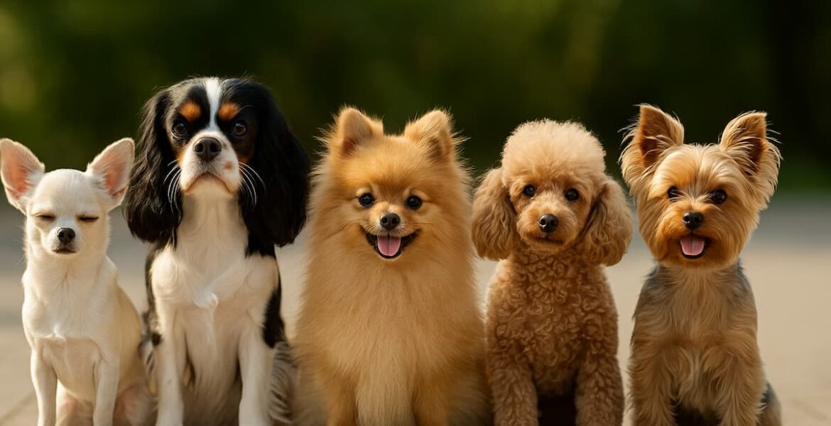 Grupo de perros pequeños de diferentes razas sentados juntos al aire libre.