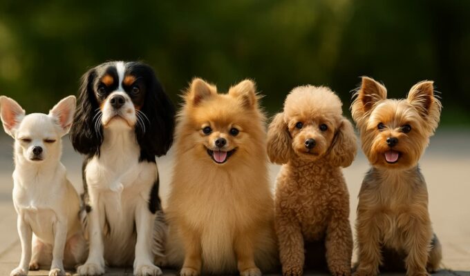 Grupo de perros pequeños de diferentes razas sentados juntos al aire libre.