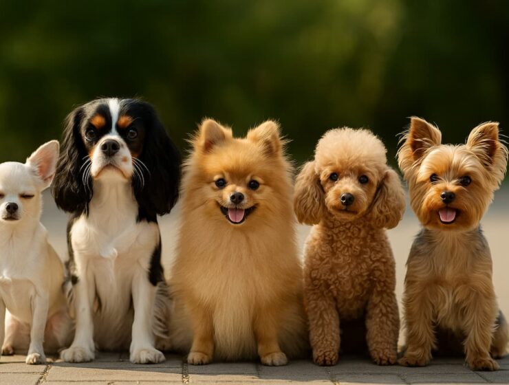 Grupo de perros pequeños de diferentes razas sentados juntos al aire libre.
