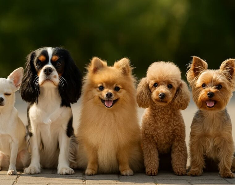 Grupo de perros pequeños de diferentes razas sentados juntos al aire libre.