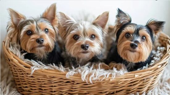 Perros de razas pequeñas ideales para vivir en departamento 13 Tres perros Yorkshire Terrier dentro de una canasta de mimbre con manta.