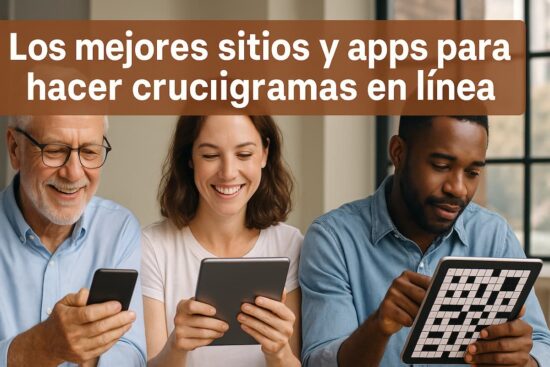 Personas de distintas edades haciendo crucigramas en línea en sus móviles y tabletas