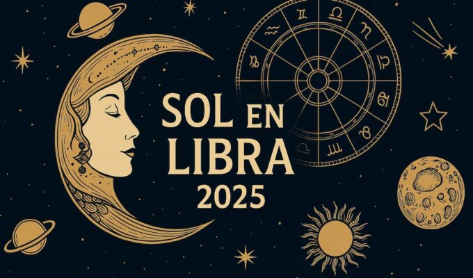 Ilustración astrológica con rueda zodiacal, luna y planetas, acompañada del texto “Sol en Libra 2025”.