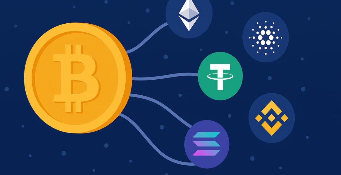 Ilustración de criptomonedas como Bitcoin, Ethereum y Cardano sobre un fondo de blockchain.